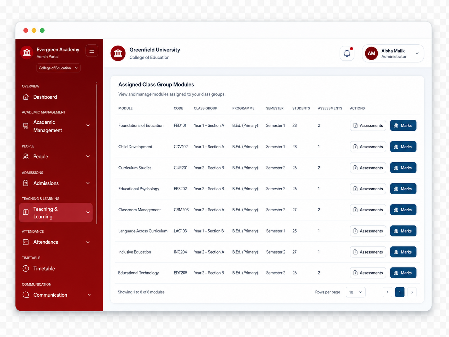 CampusHub dashboard interface showing academic modules and class group management